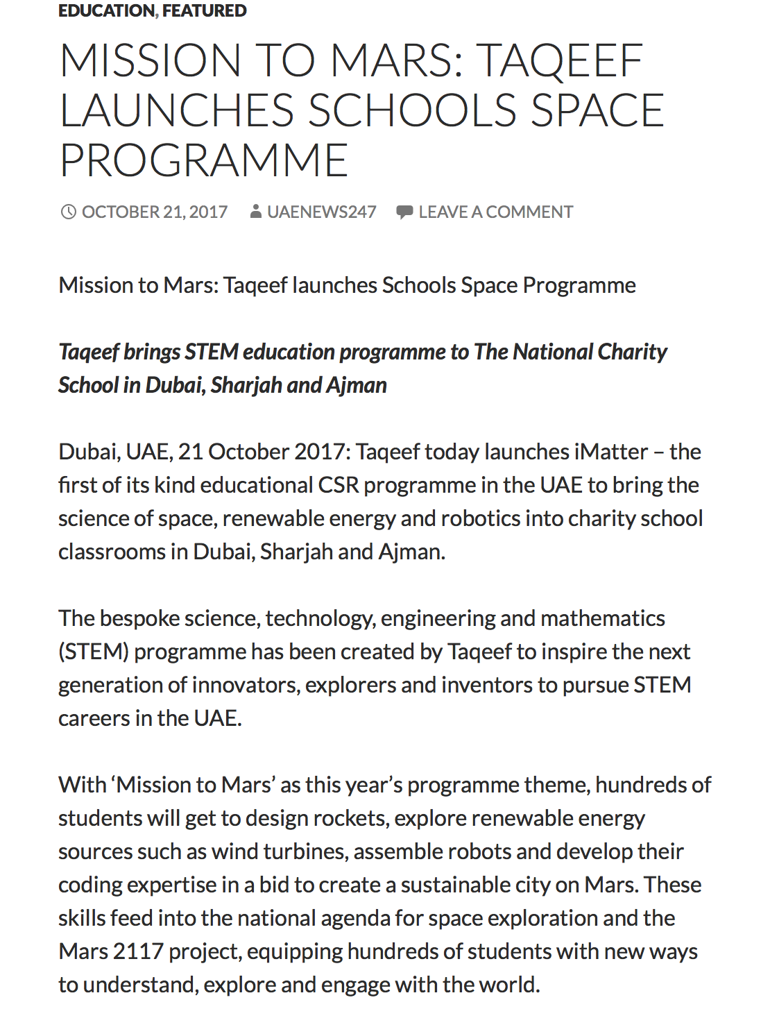 Mission to Mars: Taqeef launches Schools Space Programme